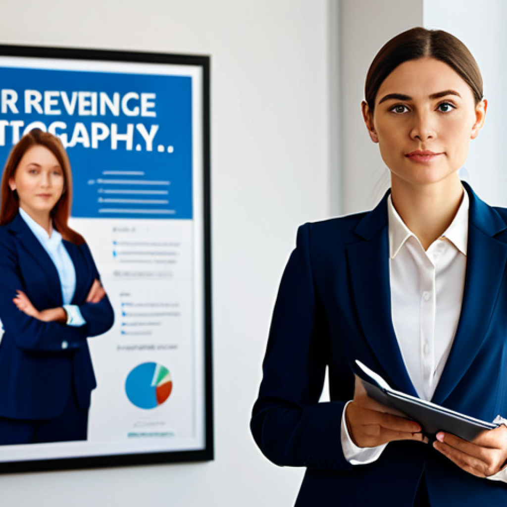 **

A professional woman in a modest business suit, standing confidently in a modern office. She is holding a notebook and pen, looking thoughtfully ahead. The background includes blurred office activity and a motivational poster. Fully clothed, appropriate attire, safe for work, perfect anatomy, natural proportions, professional, family-friendly.

**