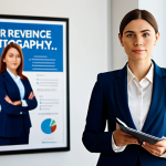 **

A professional woman in a modest business suit, standing confidently in a modern office. She is holding a notebook and pen, looking thoughtfully ahead. The background includes blurred office activity and a motivational poster. Fully clothed, appropriate attire, safe for work, perfect anatomy, natural proportions, professional, family-friendly.

**