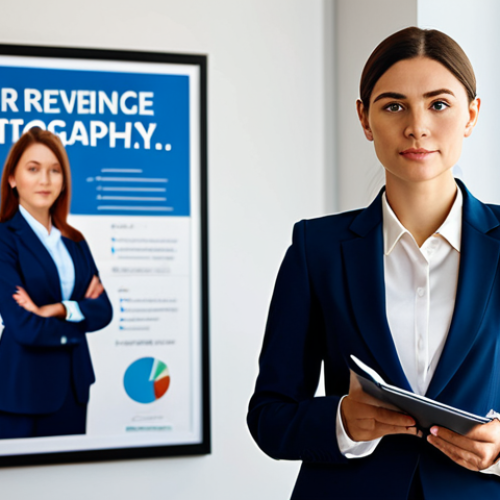 Home 4 **
A professional woman in a modest business suit, standing confidently in a modern office. She is holding a notebook and pen, looking thoughtfully ahead. The background includes blurred office activity and a motivational poster. Fully clothed, appropriate attire, safe for work, perfect anatomy, natural proportions, professional, family-friendly.
**