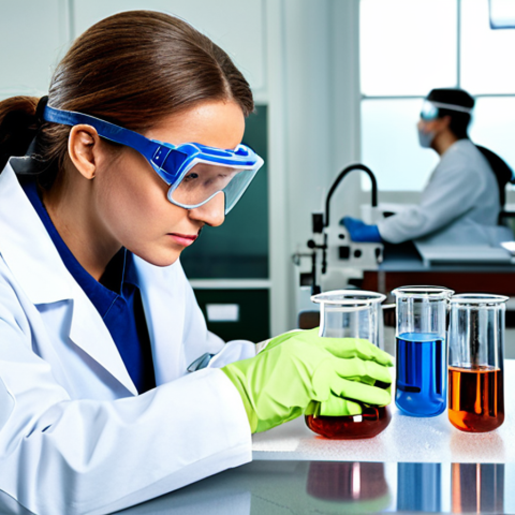 시험 장비의 안전 관리 - Chemical Safety**

"A laboratory scene showing a scientist, fully clothed in appropriate PPE (Person...