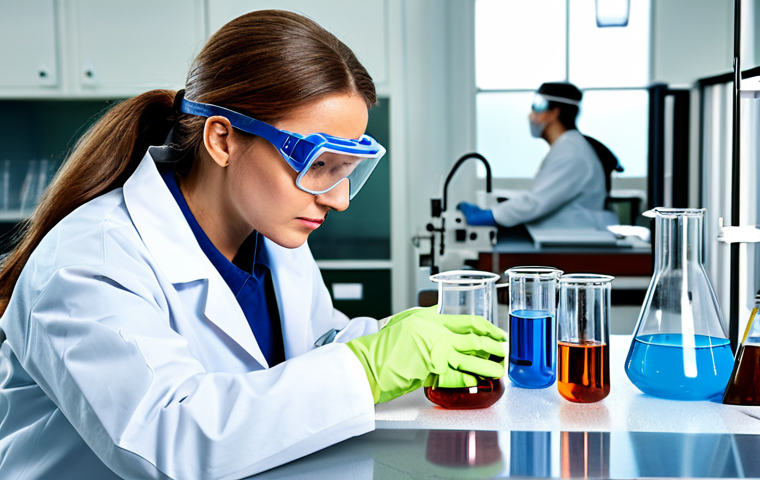 시험 장비의 안전 관리 - Chemical Safety**

"A laboratory scene showing a scientist, fully clothed in appropriate PPE (Person...