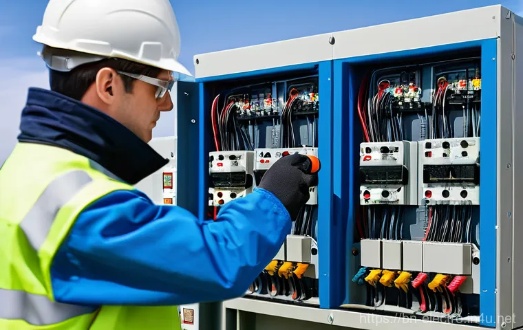 전력 시스템 시험 장비 - **Prompt:** A detailed image of a power system testing scenario, featuring male and female electrica...