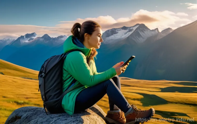 전력 전환 장치 - **Image Prompt: Mountain Trek with Reliable Power Bank**
    A wide shot of a serene, majestic mount...