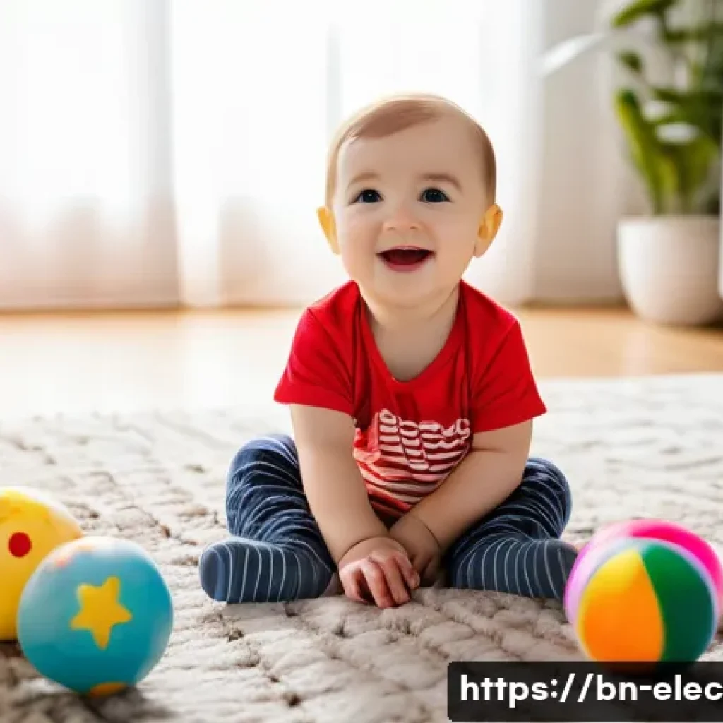 전자기기 성능 분석 - **A toddler playing in a sunlit living room. The child is wearing a clean diaper and a colorful, pat...