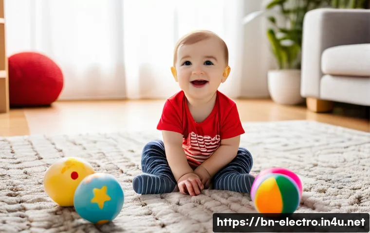 전자기기 성능 분석 - **A toddler playing in a sunlit living room. The child is wearing a clean diaper and a colorful, pat...