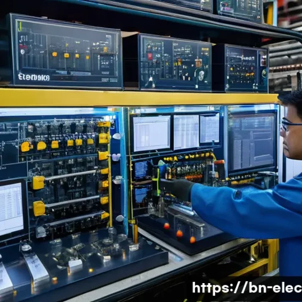 전기기기 진동 분석 - A highly detailed industrial scene inside a modern power plant showing a technician installing a MEM...