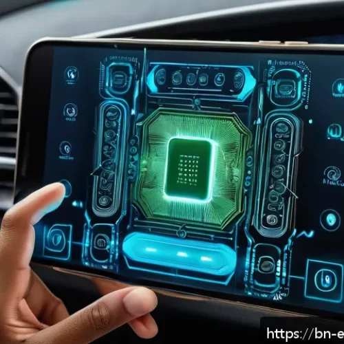 디지털 회로 응용 - A highly detailed futuristic smart device interior showcasing digital circuits controlling a smartph...