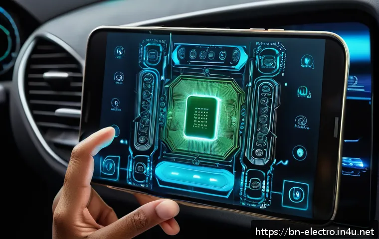 디지털 회로 응용 - A highly detailed futuristic smart device interior showcasing digital circuits controlling a smartph...