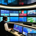 디지털 신호의 처리 및 분석 - A modern digital broadcast control room in Bangladesh, showing large screens displaying clear HD dig...