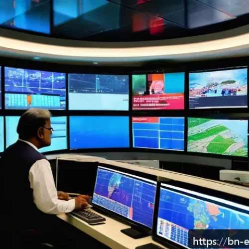 디지털 신호의 처리 및 분석 - A modern digital broadcast control room in Bangladesh, showing large screens displaying clear HD dig...