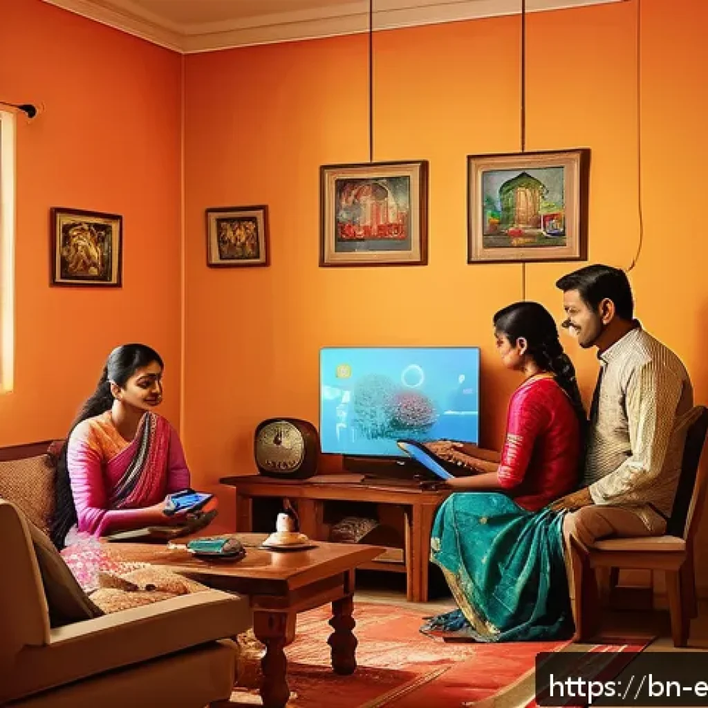 전자기파의 성질 - A vibrant digital illustration of a Bengali family using various electromagnetic wave-enabled device...