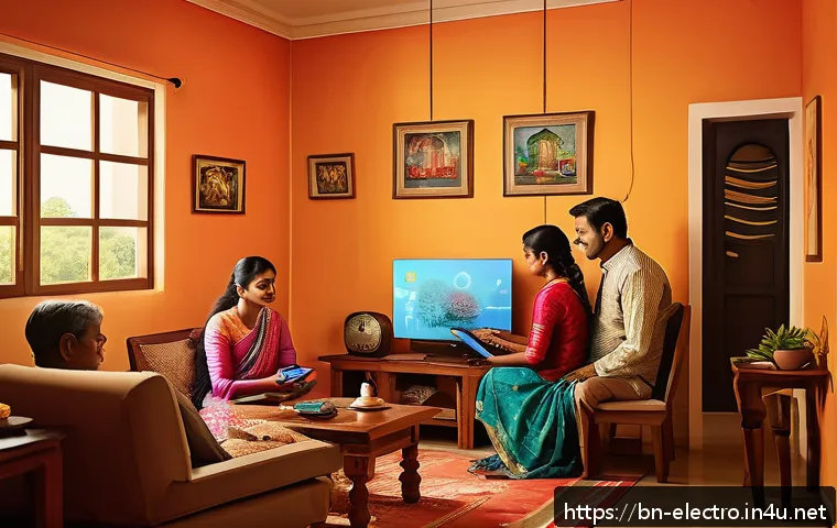 전자기파의 성질 - A vibrant digital illustration of a Bengali family using various electromagnetic wave-enabled device...