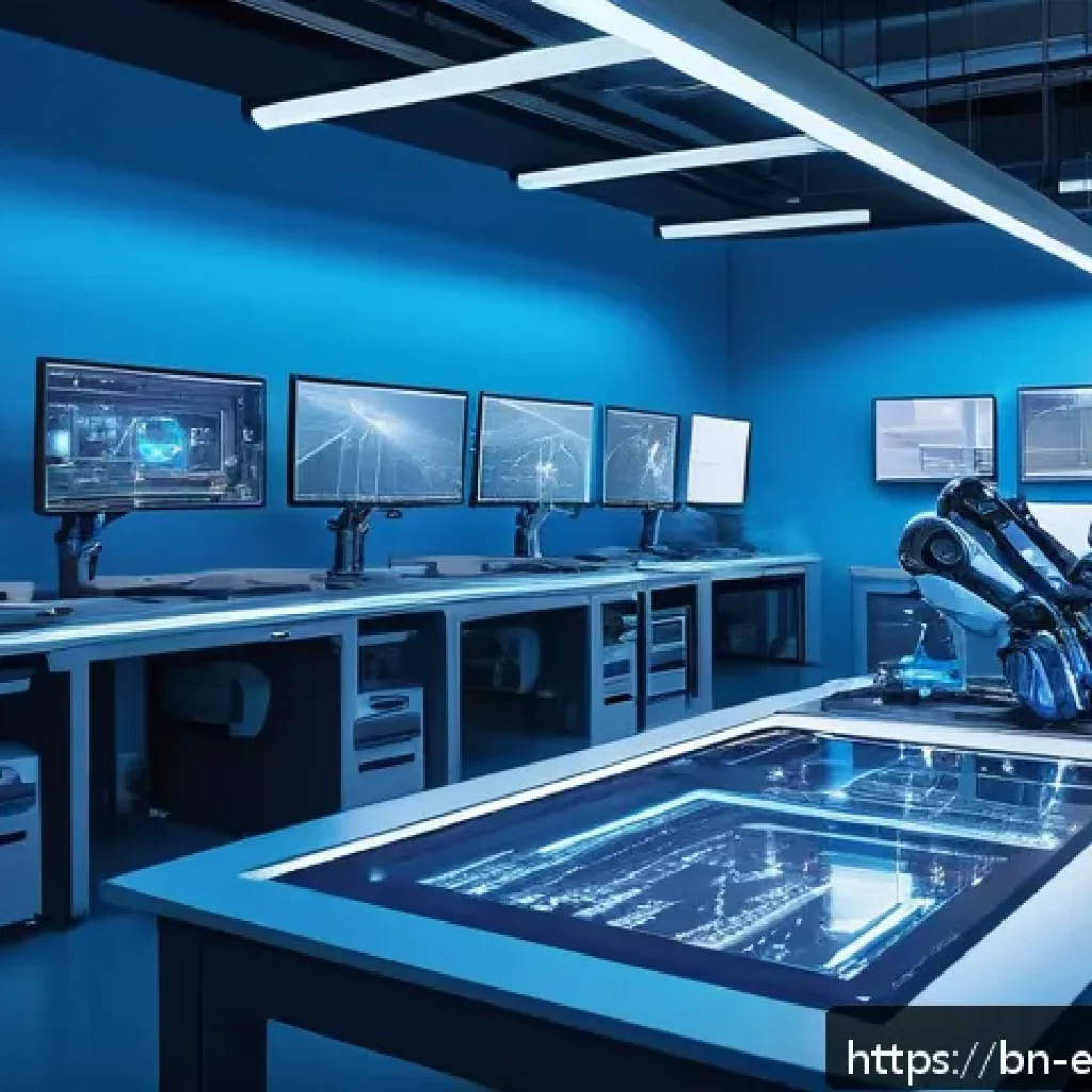 디지털 시스템 모델링 - A modern industrial automation factory scene showcasing digital modeling technology in action: detai...