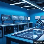 디지털 시스템 모델링 - A modern industrial automation factory scene showcasing digital modeling technology in action: detai...