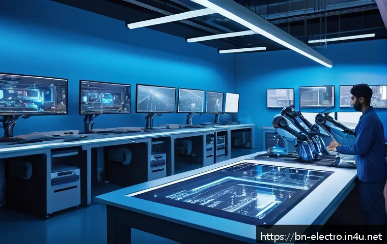 디지털 시스템 모델링 - A modern industrial automation factory scene showcasing digital modeling technology in action: detai...