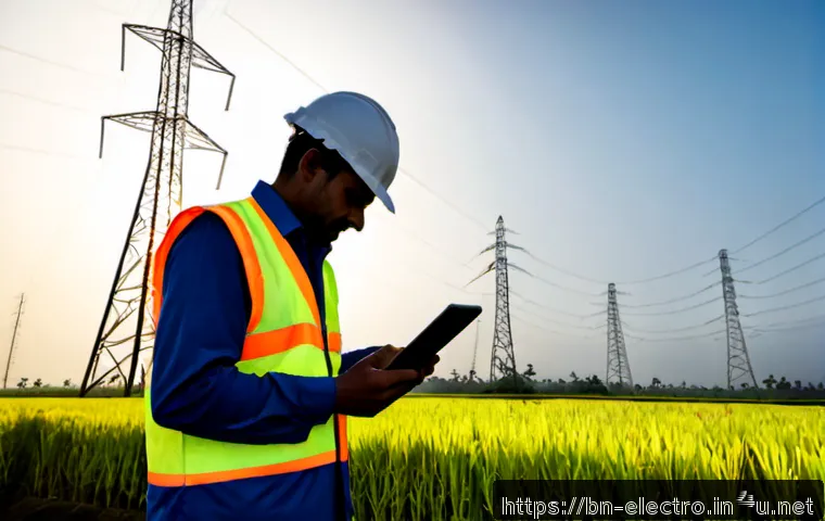 전력선 해석 - Photorealistic electrical engineer in a high-visibility vest and hard hat examining a tall transmiss...