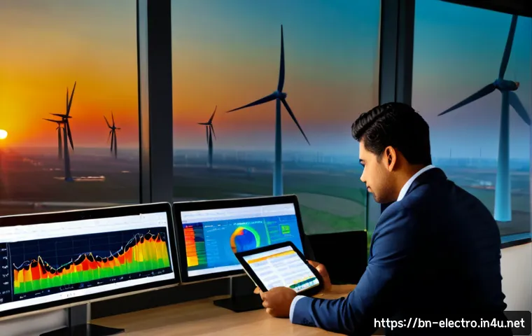 전력 시장 분석 - Photorealistic energy market analyst reviewing colorful electricity supply and demand charts on a la...