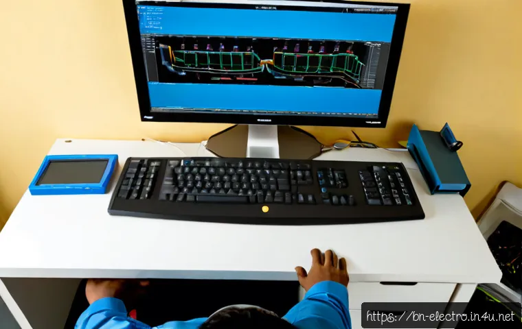 전기회로 설계 소프트웨어 - Photorealistic overhead view of a South Asian electrical engineer using circuit design software on a...